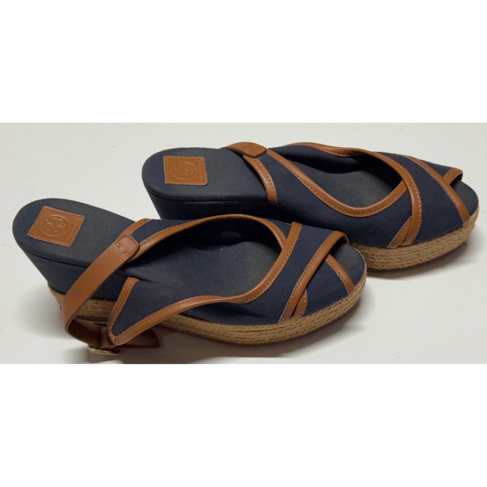 Tory‎ Burch Navy Canvas Tan Leather Espadrille Wedge Sandals Slingback Size 7
